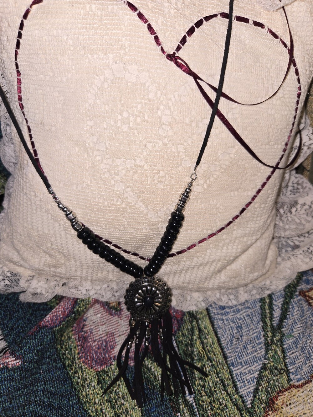 Boho Black Beaded Fringe Pendant Necklace